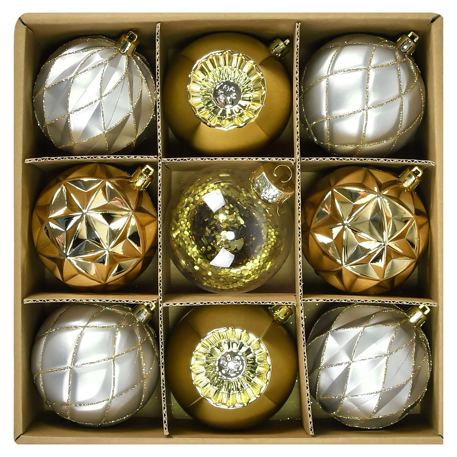 Beinhome 9pcs 8cm Christmas Baubles Ornament Set - Tree Decorations, Large Silver and Gold Shatterproof Plastic Hanging Ball Bulk for Xmas Home Party Festival Decor