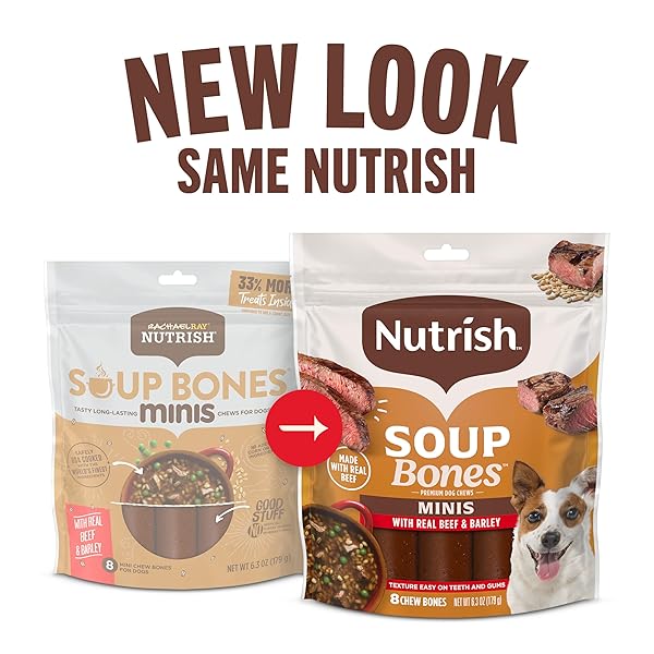 NUTRISH SOUP BONES MINIS PREMIUM DOG CHEWS WITH REAL BEEF AND BARLEY, 8 CHEW BONES, 6.3 OZ POUCH, PACK OF 7
