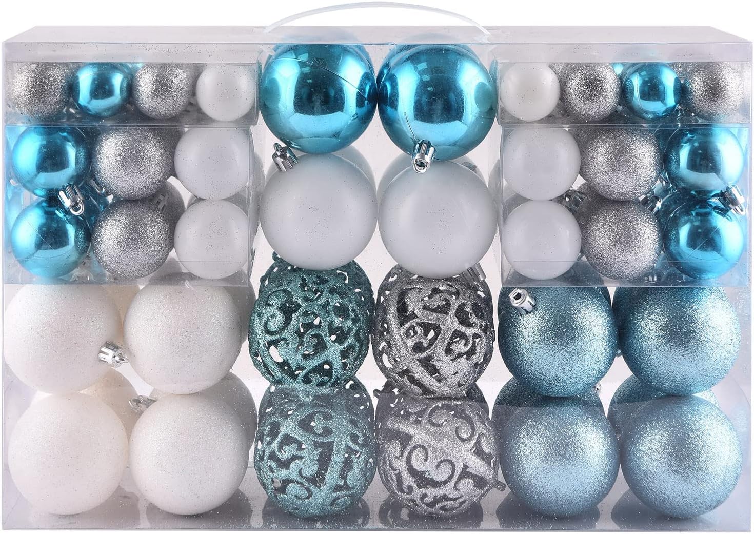 Ornaments - 100ct Christmas Balls Tree Ornaments, Shatterproof Christmas Decorations Set with Reusable Hand-held Gift Package for Holiday Xmas Tree Decor (Blue, Sliver and White)