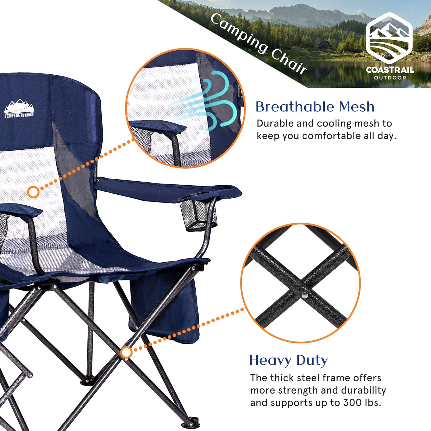 Coastrail Outdoor Folding Camping Chairs with Cooler Table Side Bag, Heavy Duty Steel 300 LBS Capacity for Adults Portable Compact Camp Chair with Cup Holder & Storage, Navy, Navy&Gray, Large : Sports & Outdoors