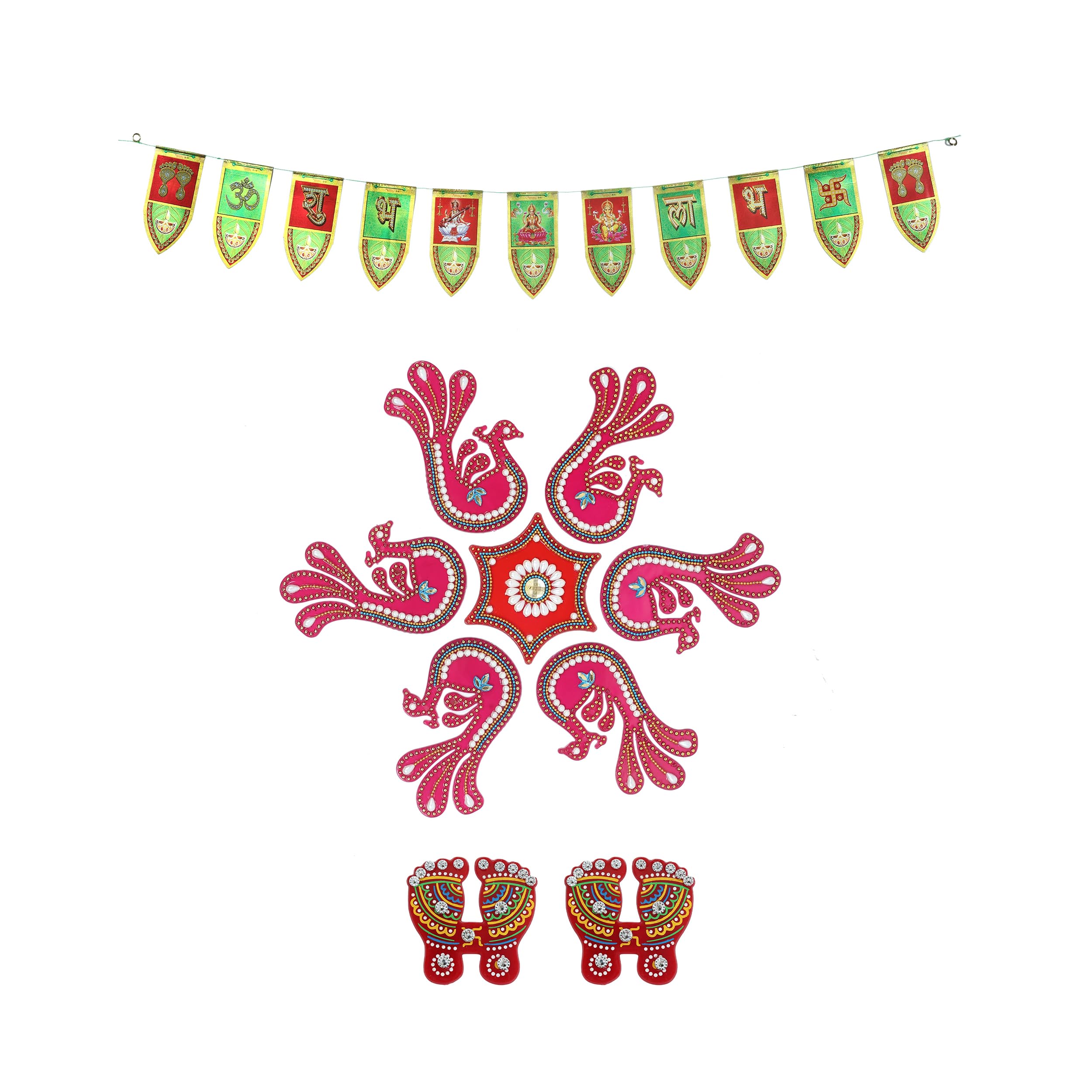 Photo 1 of TrendBell Diwali Ganesh Shubh Labh Acrylic Rangoli Set with Laxmi Charan Pagla Wall Hanging | Acrylic Peacock Design Shubha Labh & Laxmi Padhuka Footsteps for Home Office Temple Mandir Pooja