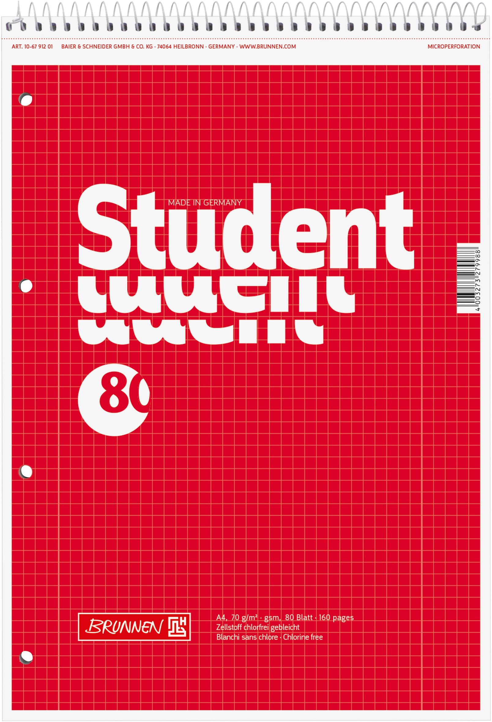 Brunnen 106791201 Left-Handed Student Notepad A4 Squared Ruled Line Style 28 70 g/m² 80 Sheets with Spiral Heads