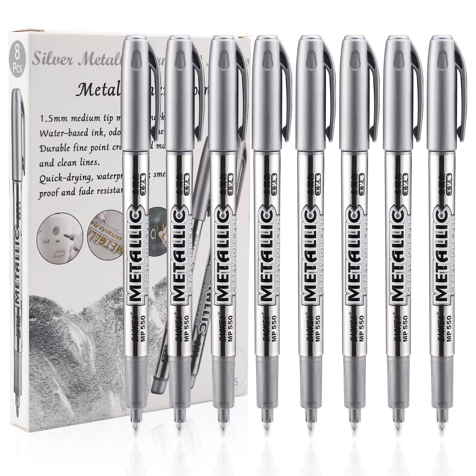 Photo 1 of LOONENG Silver Permanent Marker, Fine Point, Acid Free, Non-Toxic Ink, Quick Drying, Ideal for Adult Coloring, Crafts, Gift Cards, Fabric, Photo Albums, 8 Count