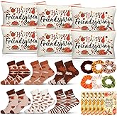 SilTriangle 6 Set Happy Friendsgiving Gift Includes Makeup Bag, Colorful Warm Fuzzy Crew Socks, Velvet Scrunchies and Happy Friendsgiving Card for Thanksgiving Fall Party Supplies Guest Friends Gift