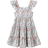 Jolyshlid Girl Summer Dress Floral Ruffle Sleeve A Line Swing Casual Dresses Tie Back Cute Tiered Sundress 4-12Y