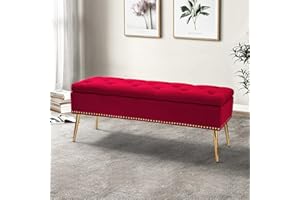 HULALA HOME Modern Velvet Storage Ottoman Bench with Gold Base & Nailhead Trim, Upholstered Bedroom Bench for End of Bed, Button-Tufted Footstool for Entryway Living Room Dining Room, Red