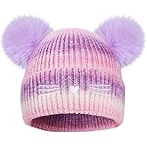 LUCKYBUNNY Kids Cat Embroidery Knitted Beanie with Pom Pom, Winter Beanies Hats Warm Ski Cap for Toddler Girls