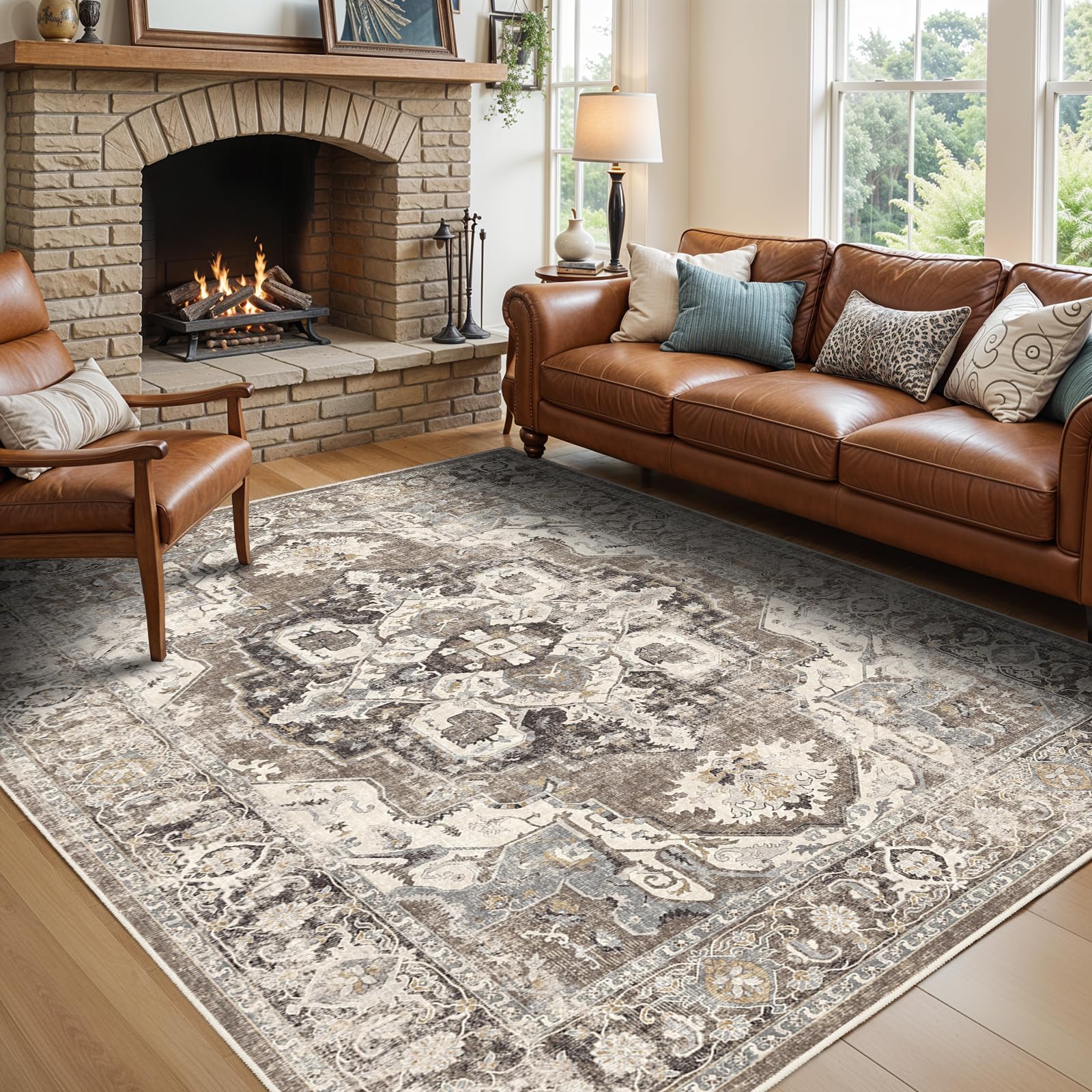 YOUFORTONG Area Rugs 5x7 Washable Non-Slip Boho Rug Stain Resistant Rugs for Living Room Dining Room Bedroom Low-Pile and Ultra Soft Area Rug (Beige, 5x7) Image