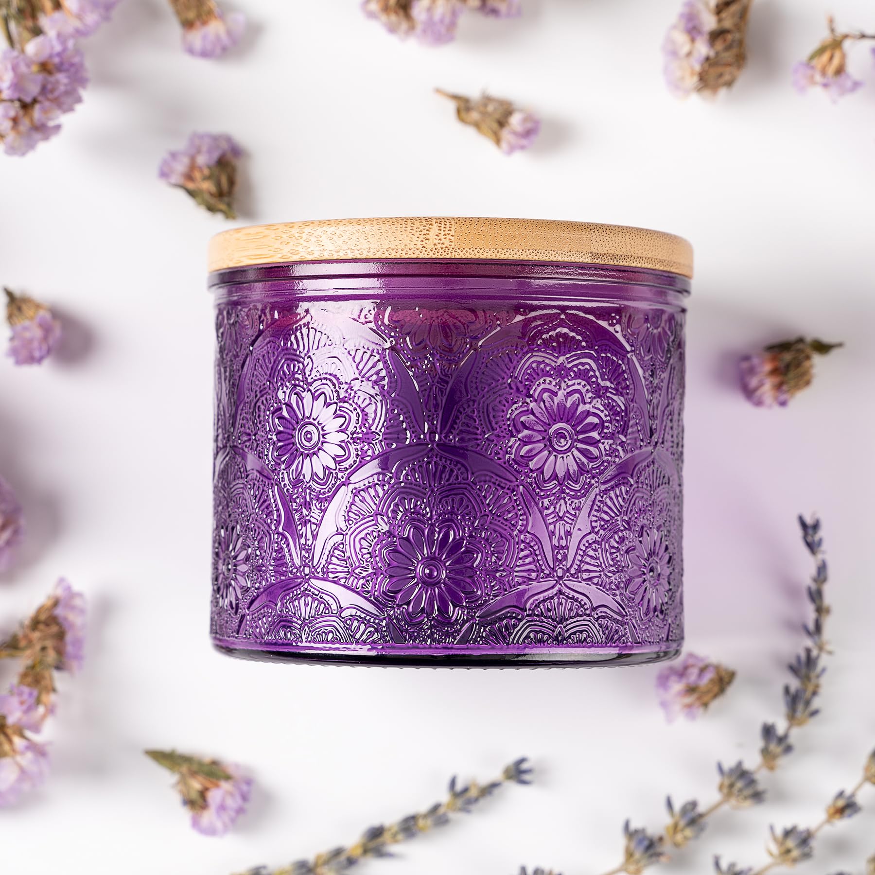 Photo 1 of 10 oz Embossed Glass Candle Container with Bamboo Lids and Labels, Purple Candle Jars for Making Candles, Mandala Design - Pack of 9