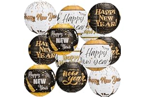 Panelee 12 Pcs 2026 New Year Paper Lanterns Party Decorations 8 Inch Black and Gold Hanging Round Paper Lanterns for Happy New Year Eve Party Indoor Outdoor Decorations Supplies