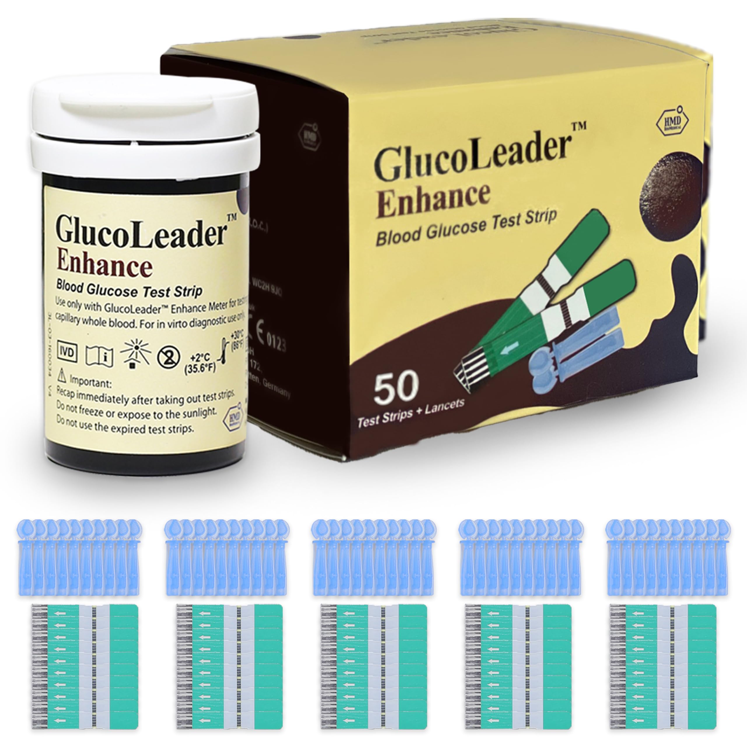 GlucoLeader Blood Glucose Test Strips with Lancets. Made in Taiwan. (Meter Sold Separately) (50)