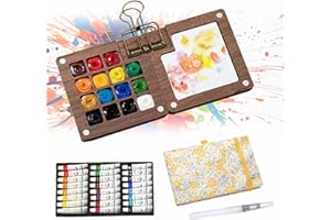 Portable Watercolour Set for Beginners - 24 Color Mini Pocket Paint Kit with Magnetic Wooden Palette (15 Grid), Water Brush P