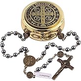 HanlinCC 6mm Hematite Beads with Anti-Bronze Saint Benedict Center Piece Medal and Crucifix Catholic Rosary Necklace for Men and Women with Gold Plated Metal Gift Box