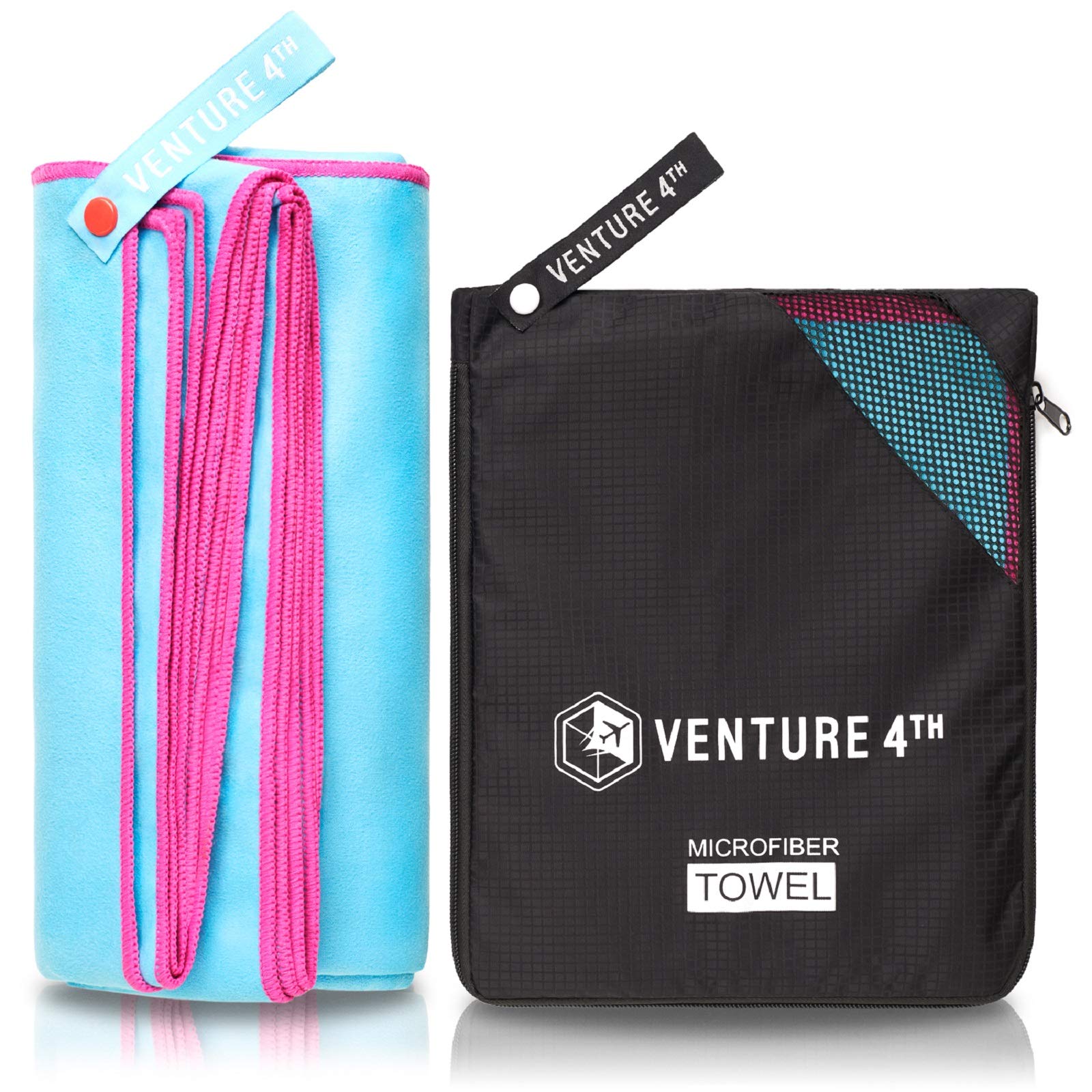 VENTURE 4TH Quick Dry Microfiber Towel - Odor Resistant, High Performance Towels for Gym, Camping, Travel, Yoga and Beach (Blue-Pink Extra Large) - Includes Tear Resistant Bag — image 1