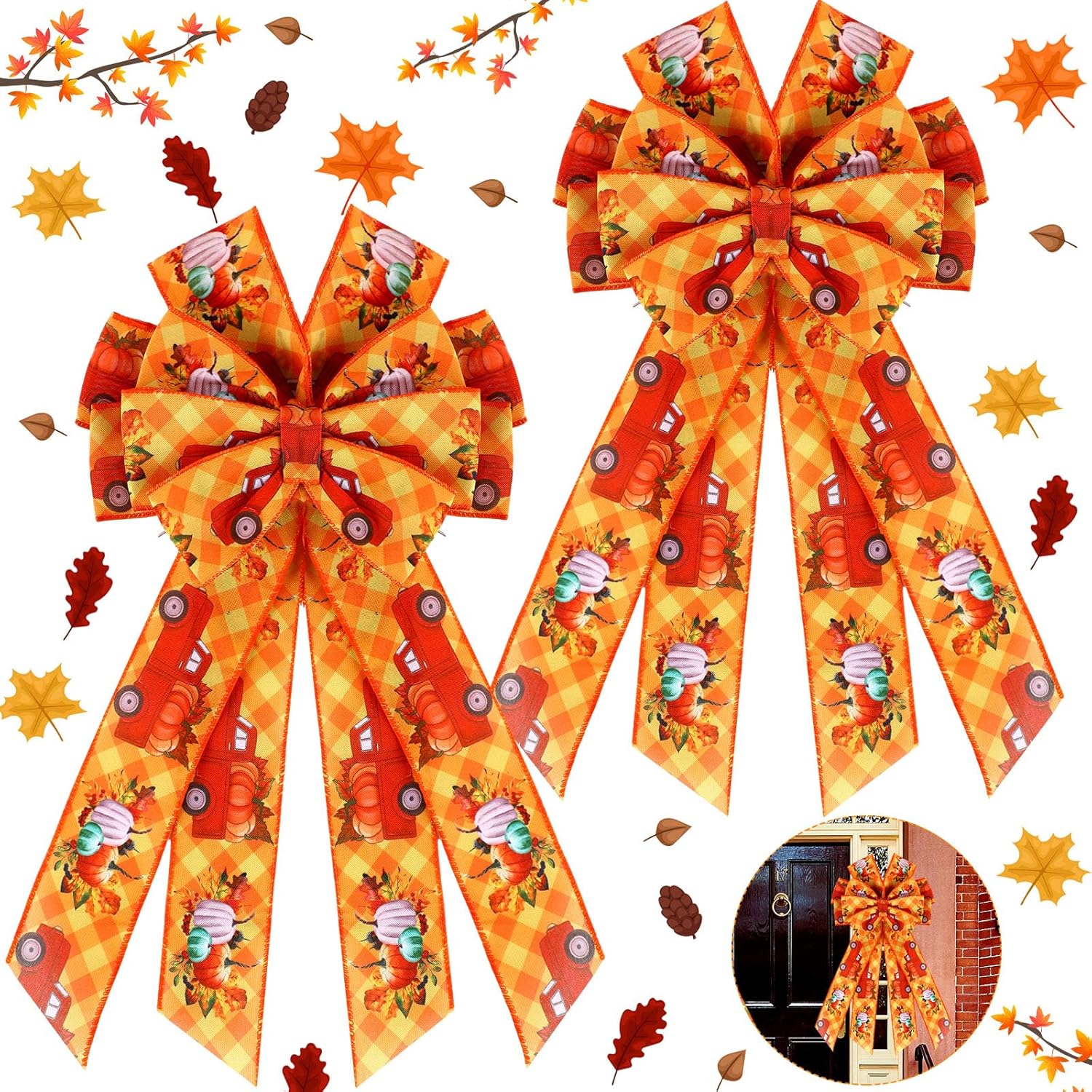 Bows & Ribbons - Zeyune 2 Pcs Fall Wreath Bows Large Pumpkin Buffalo Plaid Bows Decor Double Layer Thanksgiving Tree Topper for Autumn Holiday Indoor Outdoor Front Door Wall Decorations (Pumpkin Truck)