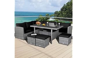 DORTALA 7 PCS Wicker Patio Furniture Set, All Weather Outdoor Rattan Sofa Set with Soft Cushions, Sectional Conversation Couc