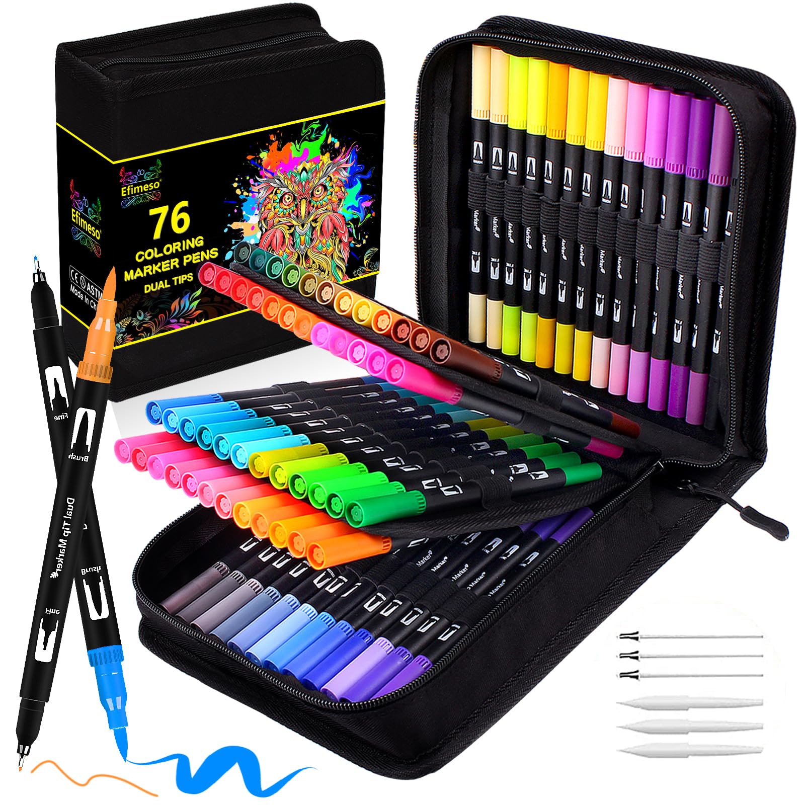 Efimeso 76 Colouring Pens Felt Tip Pens Brush Pens with Case, Dual Tips Coloured Pens Fineliners for Adults Kids Children Colouring Painting Sketching Highlighting Lettering