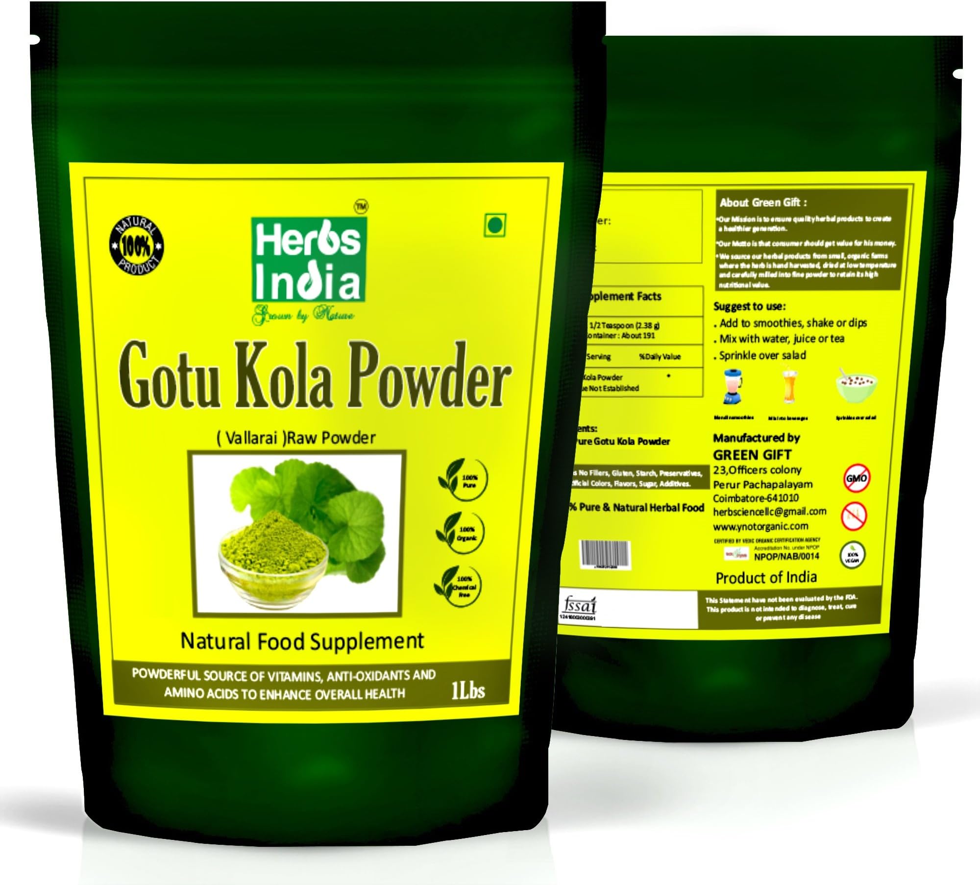 Brahmi Powder 16 Ounces (1 Pound), Bacopa Monnieri/Gotu Kola Powder - Premium Grade - HerbsIndia