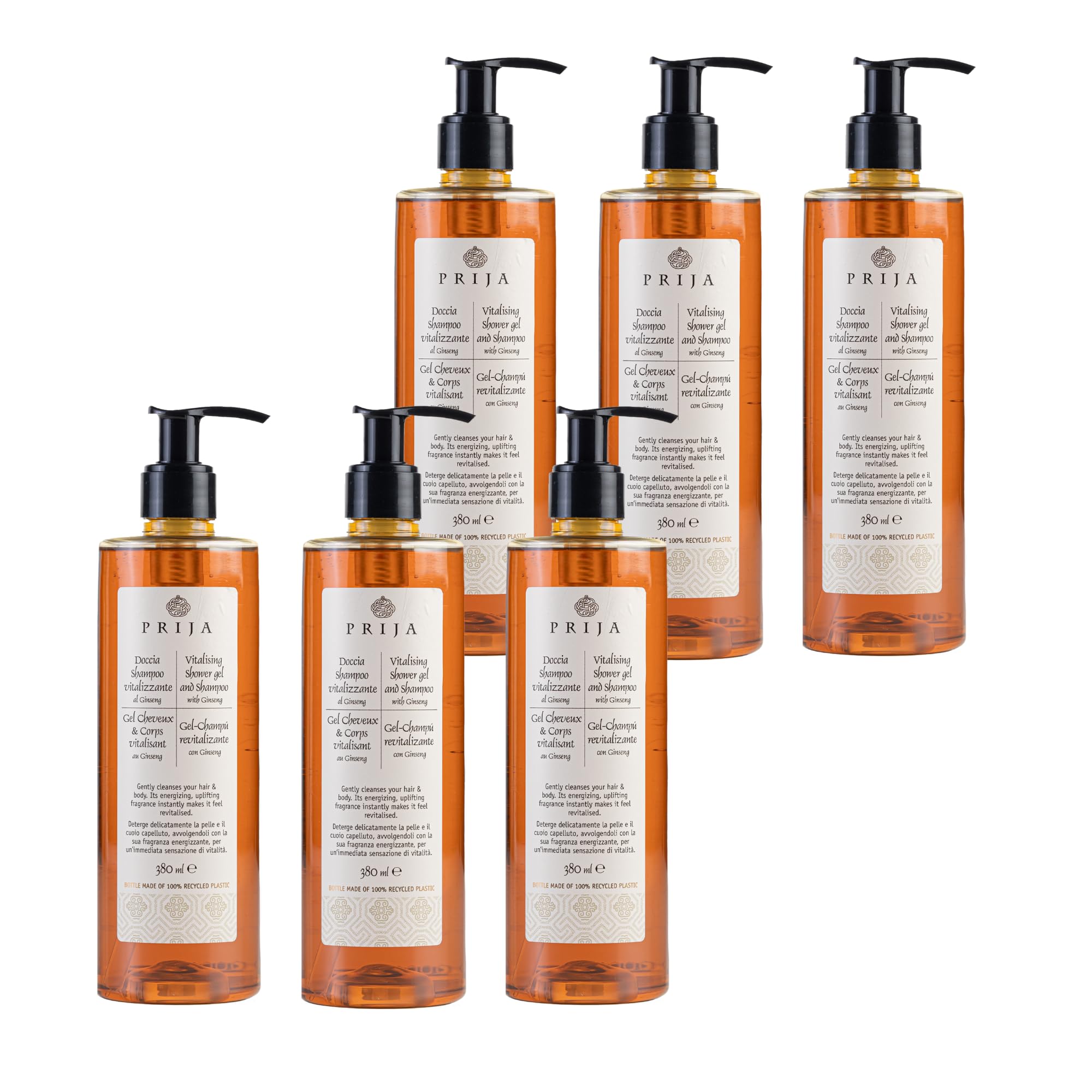 Prija Vitalising 2 in 1 Shower Gel and Shampoo with Ginseng Extract, Hydrating and Energising Hair and Body Wash Gel with Pump Dispenser, Luxurious Shower Gel 6 x 380ml