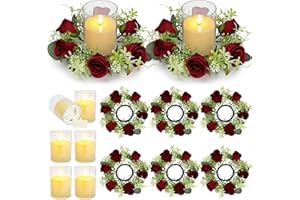 YMDOBIGER 6 Sets Artificial Rose Candle Wreaths - 3 Inch Eucalyptus Rings Wreaths with LED Flameless Candles Floral for Wedding Home Centerpieces Banquet Tables Doors Decorations, Burgundy