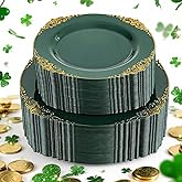 Joyido 102PCS Green Plastic Plates - Green and Gold Plates - Fancy Heavy Duty Disposable Plate - Heavyweight Dinner & Dessert Plate for 51 Guests for St. Patrick's Day Party & Wedding