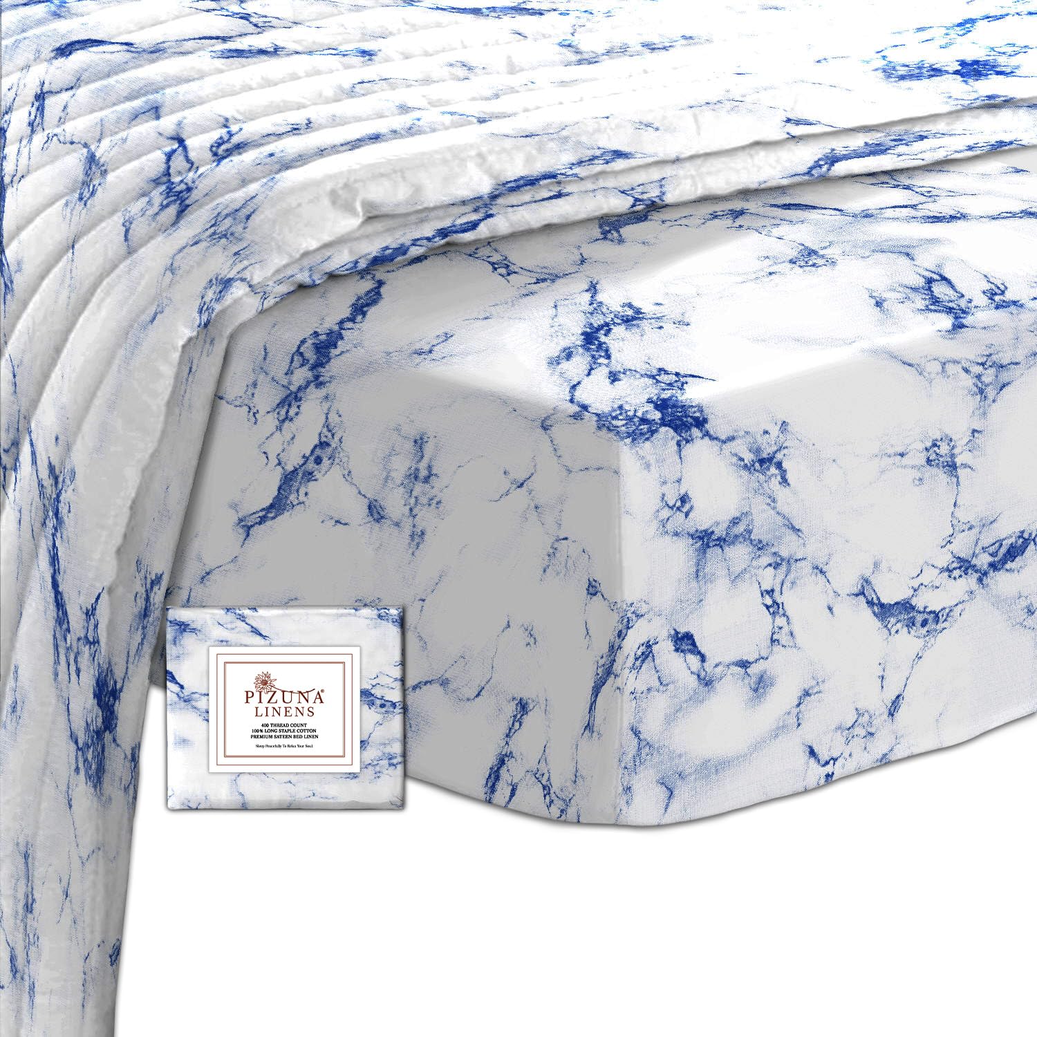 Pizuna 100% Cotton Carrara Marble Blue Printed Fitted Sheet 100x200 cm, 400 thread Count Long Staple Cotton Fitted Sheet 1 Pc, Sateen Cooling 40 cm Deep Pocket Fitted Sheets (Printed Bedding Cotton) — image 1