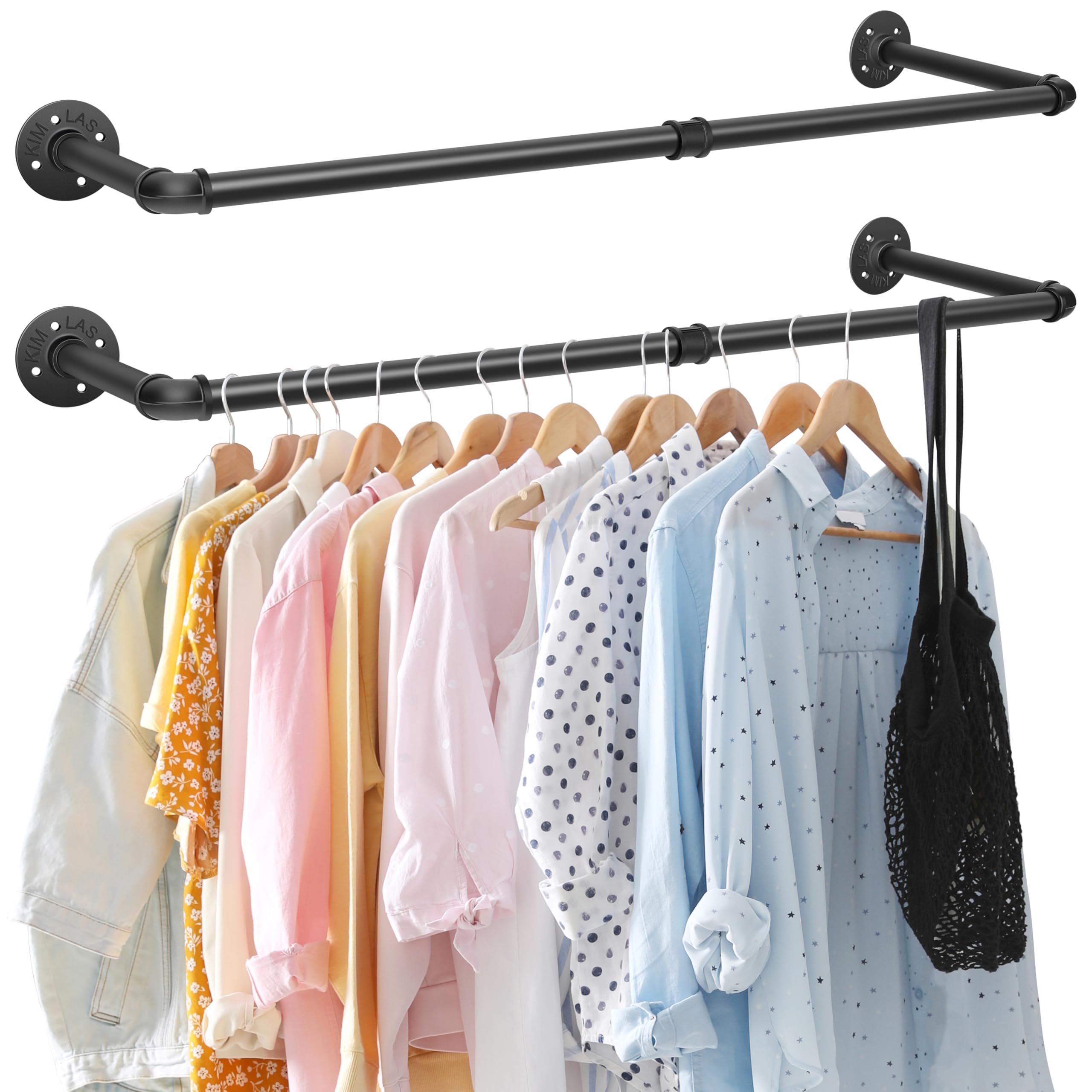 KINGSOW 2PCS Black Industrial Pipe Clothes Rails Wall Mounted: 92cm for Clothes