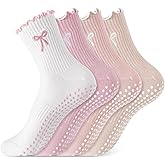 Jeyiour 4 Pairs Cute Pilates Grip Socks for Women, Ruffle Non Slip Crew Grippy Yoga Socks with Bow for Gym Ballet Barefoot