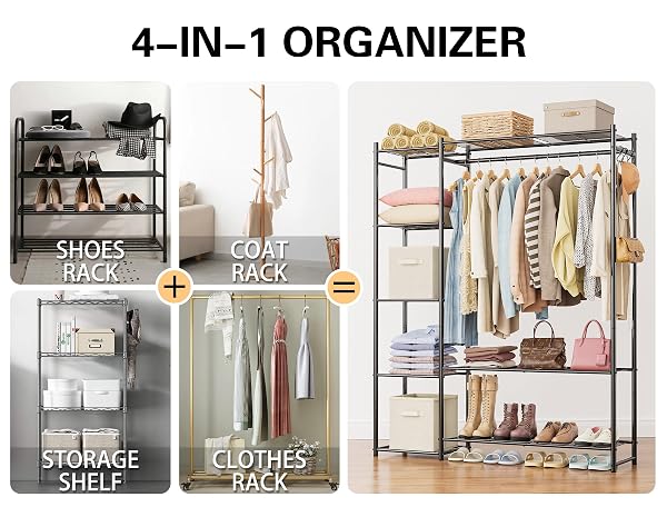 WARDROBE CLOSET,PORTABLE CLOTHES RACK WITH 4 TIERS SHELVES,FREESTANDING CLOSET ORGANIZERS AND STORAGE SYSTEM WITH HANGING RODS,STEEL CLOTHING RACK SUITABLE FOR CLOAKROOMS,BEDROOMS,ENTRANCES,ETC.BLACK