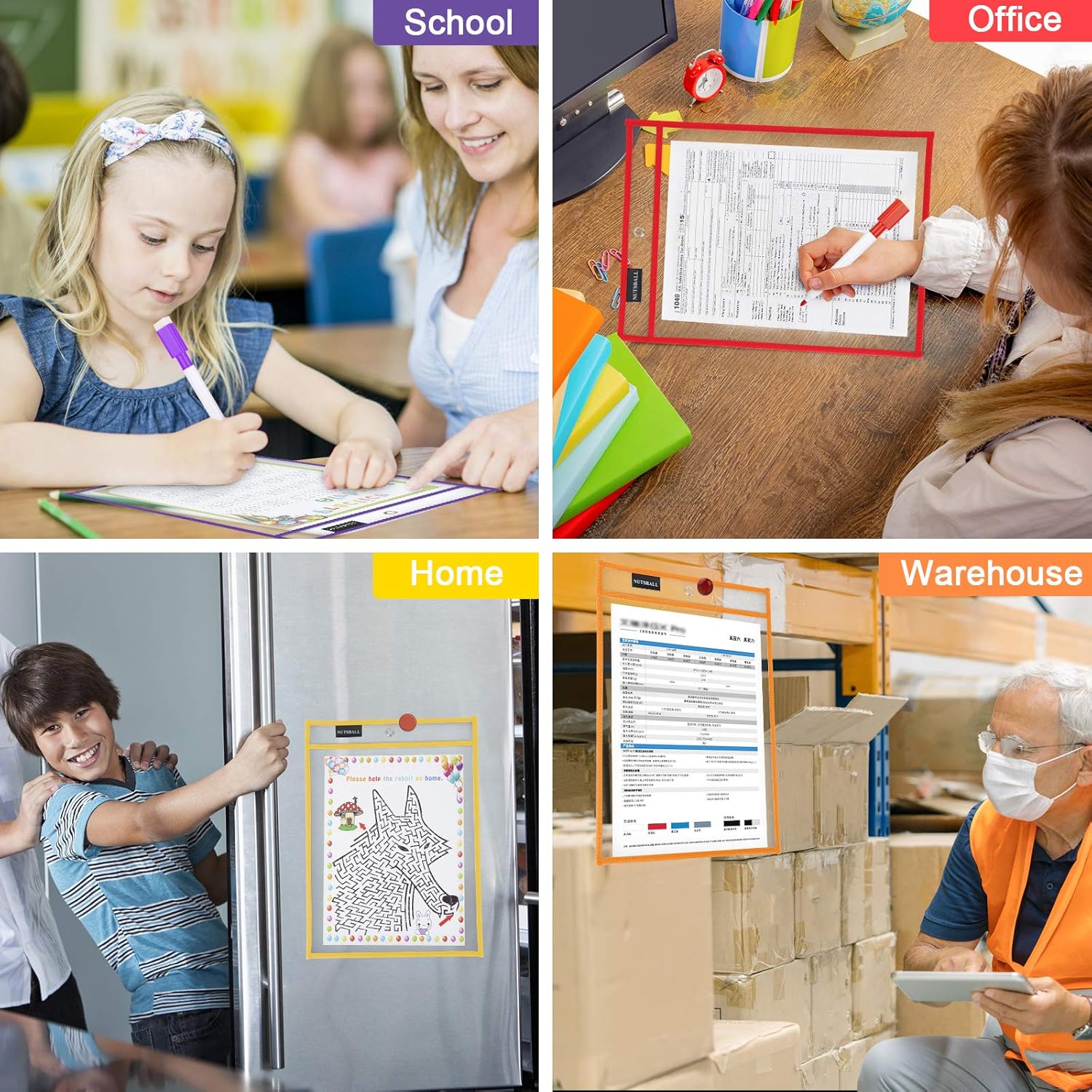 Nutsball Dry Erase Pockets Reusable Sleeves 7 Pack - Oversized Plastic Sheet Paper Protectors - Job Ticket Holders Assorted Colors - Teachers Students Kids Supplies for Classroom School Home Office : Office Products
