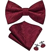 GUSLESON Mens Paisley Pre-Tied Bow Tie Handkerchief Jacquard Woven Adjustable Bowties Pocket Square Cufflinks Set