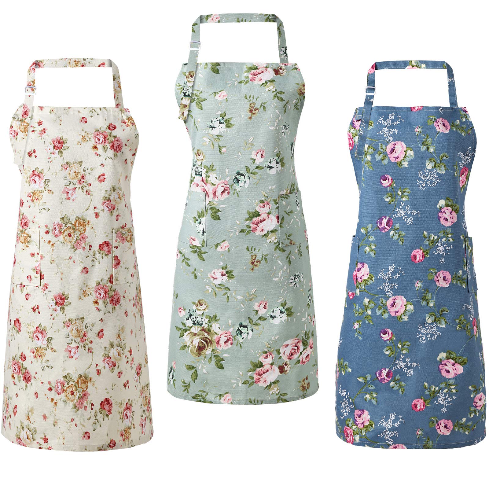 Geyoga 3 Pack Floral Aprons with Pocket for Women Spring Floral Adjustable Waist Kitchen Apron with Neck Strap Mother's Day Gifts Vintage Cute Pinny for Cooking Baking Gardening