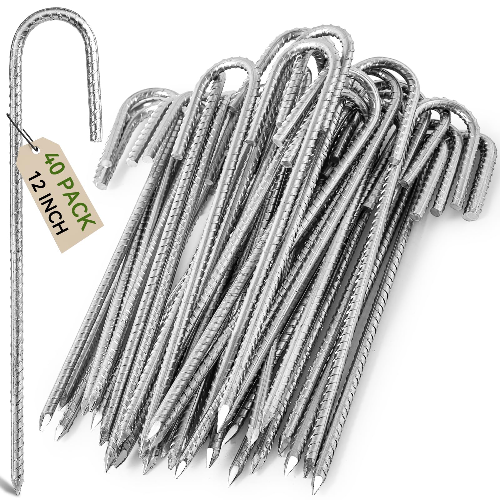 Graxury 12inch Heavy Duty Trampoline Tents Anchor Ground Pegs - Galvanized Steel Rust-Proof J Hook Rebar Stakes Fit Trampolines Camp Garden Shed Swings with Chisel Point End (40 PCS)