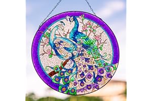 Dreamskip 11.8" Peacock Stained Glass Window Hangings, Peacock Wall Art Decor, Suncatcher Panel with Chain (Purple)