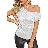FOLUNSI Women's Off Shoulder Sequin Top Sparkly Glitter Shirts Asymmetrical Ruched Blouses Party Cocktail Tops S-XL