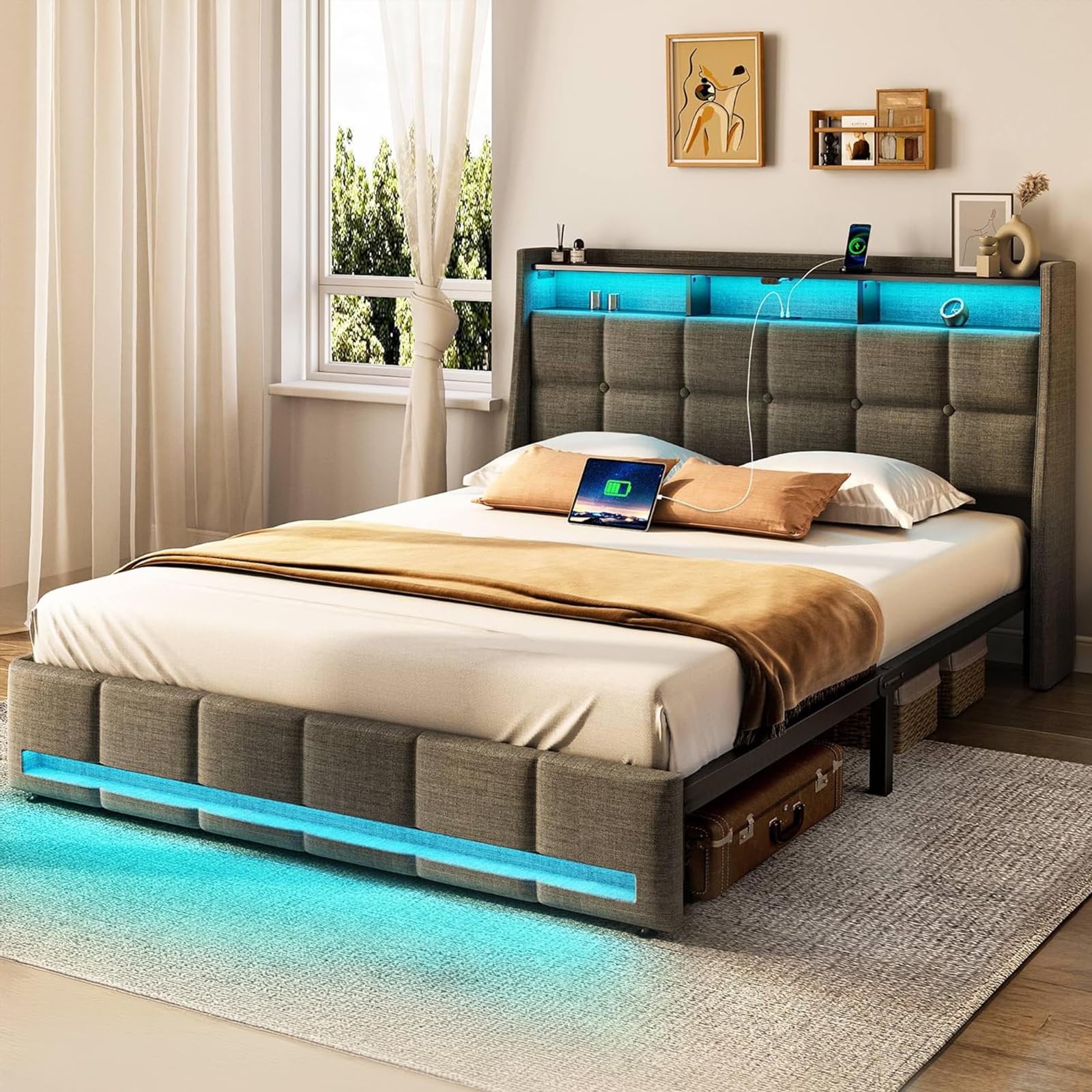Rolanstar Full Size Bed Frame with LED Lights and Charging Station, Upholstered Headboard with 2-Tier Storage Shelves, Heavy Duty Metal Frame, Noise-Free Support, Easy Assembly, No Box Spring Needed Image