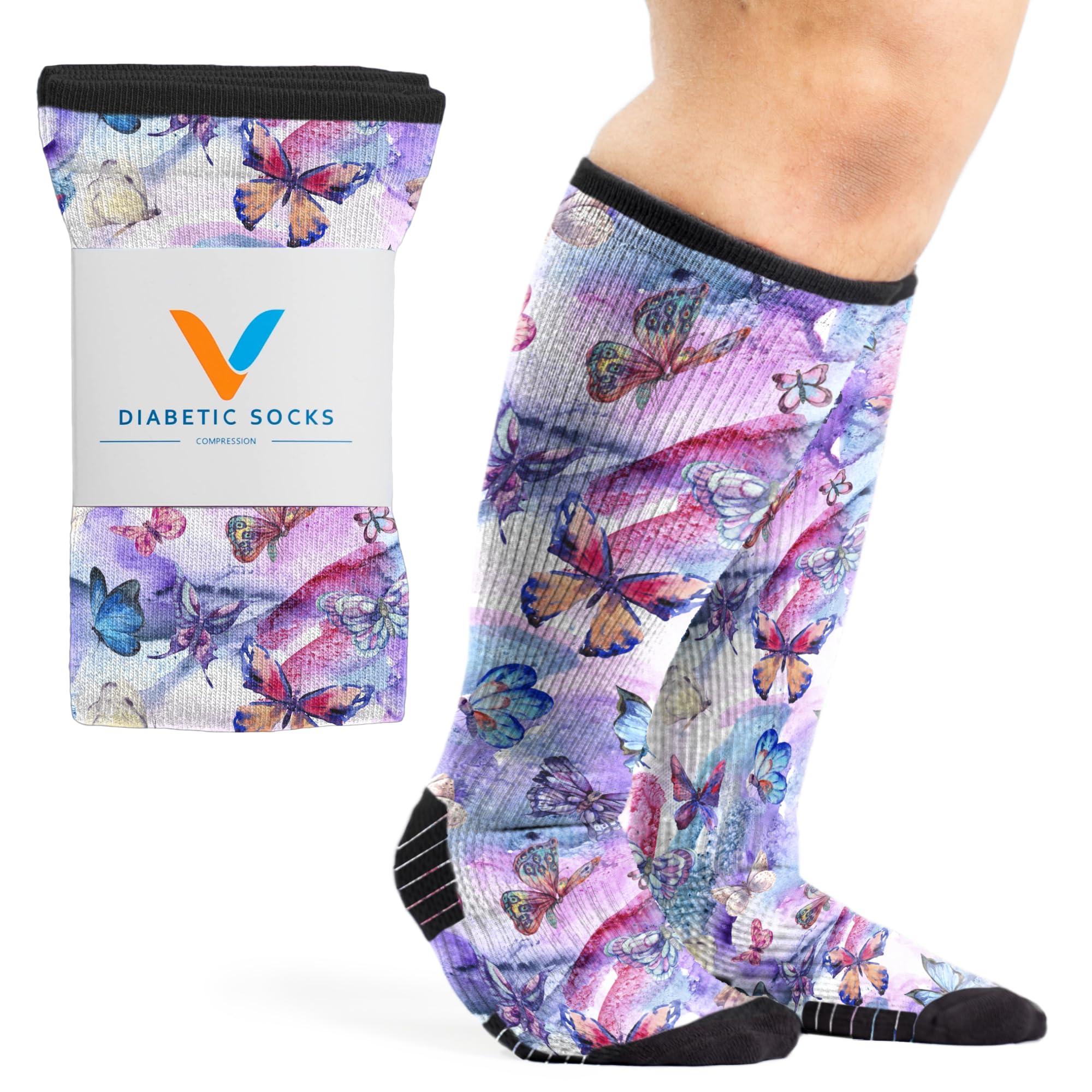 Photo 1 of Viasox Compression Socks for Women and Men, Knee High Socks 12-15 mmhg Circulation Support for Flight, Travel, Daily (US, Alpha, X-Large, Regular, Regular, Butterfly)