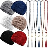 Jiuguva 12 Pcs Kufi Hats for Men and Muslim Prayer Beads Set 6 Handicraft Knitted Hat Stretchy Taqiyah Cap and 6 Tasbih 99 Beads