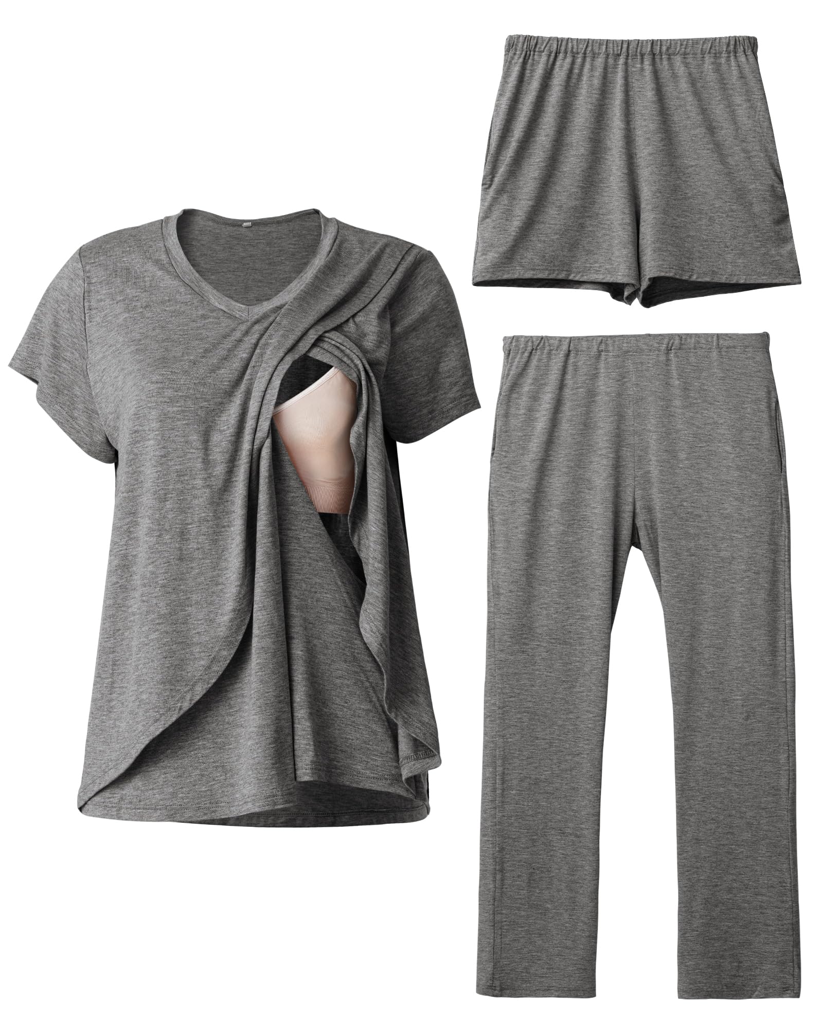 Photo 1 of Rnxrbb V Neck Nursing Pajamas Set 3 Pack Postpartum Pjs Breastfeeding Sleepwear for Women Double Layer with Pockets,Deep Gray-L