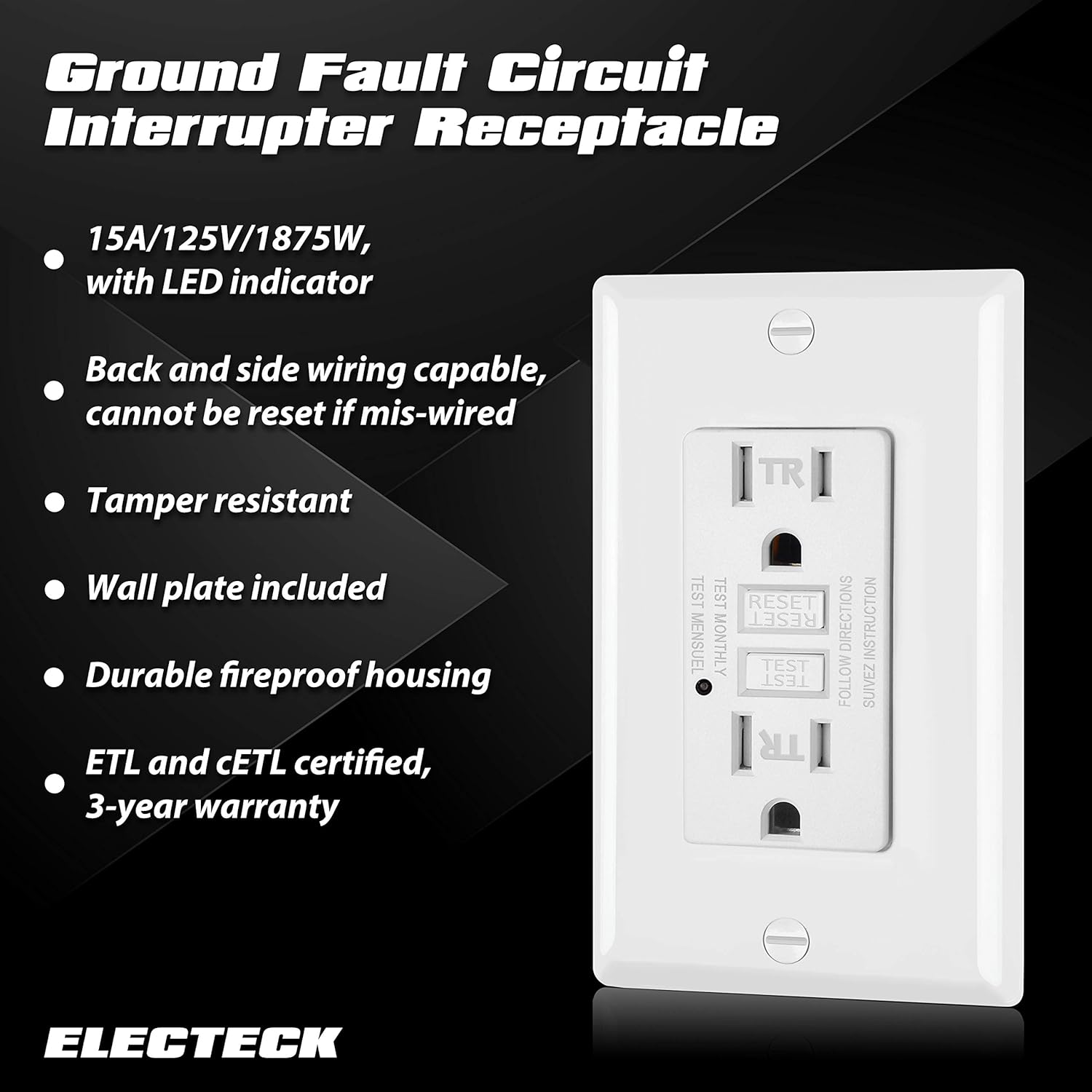 10 Pack - ELECTECK 15A/125V Tamper Resistant GFCI Outlets, Decor Receptacles with LED Indicator, Decorator Wall Plate and Screws Included, Residential and Commercial Grade, ETL Certified, White: Industrial & Scientific