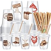 Boao 36 Sets Wild West Party Decorations Cowboy Party Cups with Lids and Paper Straws 14 oz Cowboy Birthday Supplies Brown Pattern Disposable Clear Plastic Cups Bulk