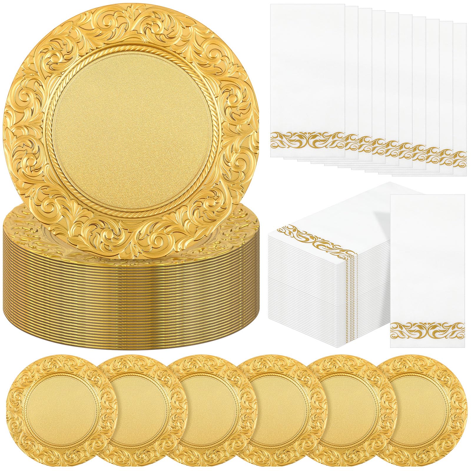 Photo 1 of FoldTier 100 Pcs Charger Plates 13 Inch Plastic Round Chargers Bulk 50 Dinner Plates 50 Disposable Napkins for Wedding Party Event Table Decoration Setting(Gold)