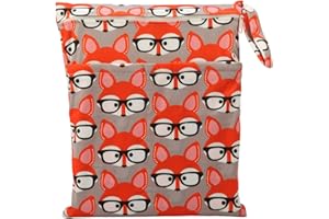 Sigzagor Medium Wet Dry Bag Baby Cloth Diaper Nappy Insert Bag Reusable Washable With Two Zippered Pockets (Glasses Fox)