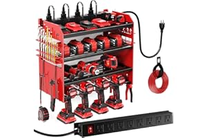 POKIPO Power Tool Organizer Wall Mount with Charging Station,Tool Storage Rack with 8 Outlet Power Strip,Heavy Duty Metal Battery Utility Rack with 4 Cordless Drill Holder 6.56 Ft Cord for Garage