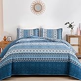 WONGS BEDDING Blue Quilt Set Queen Size, Bohemian Stripe 3 Pieces Quilts Bedspread Set Boho Lightweight Microfiber All Season Bedding Coverlet Set for Queen Bed (96"x90")