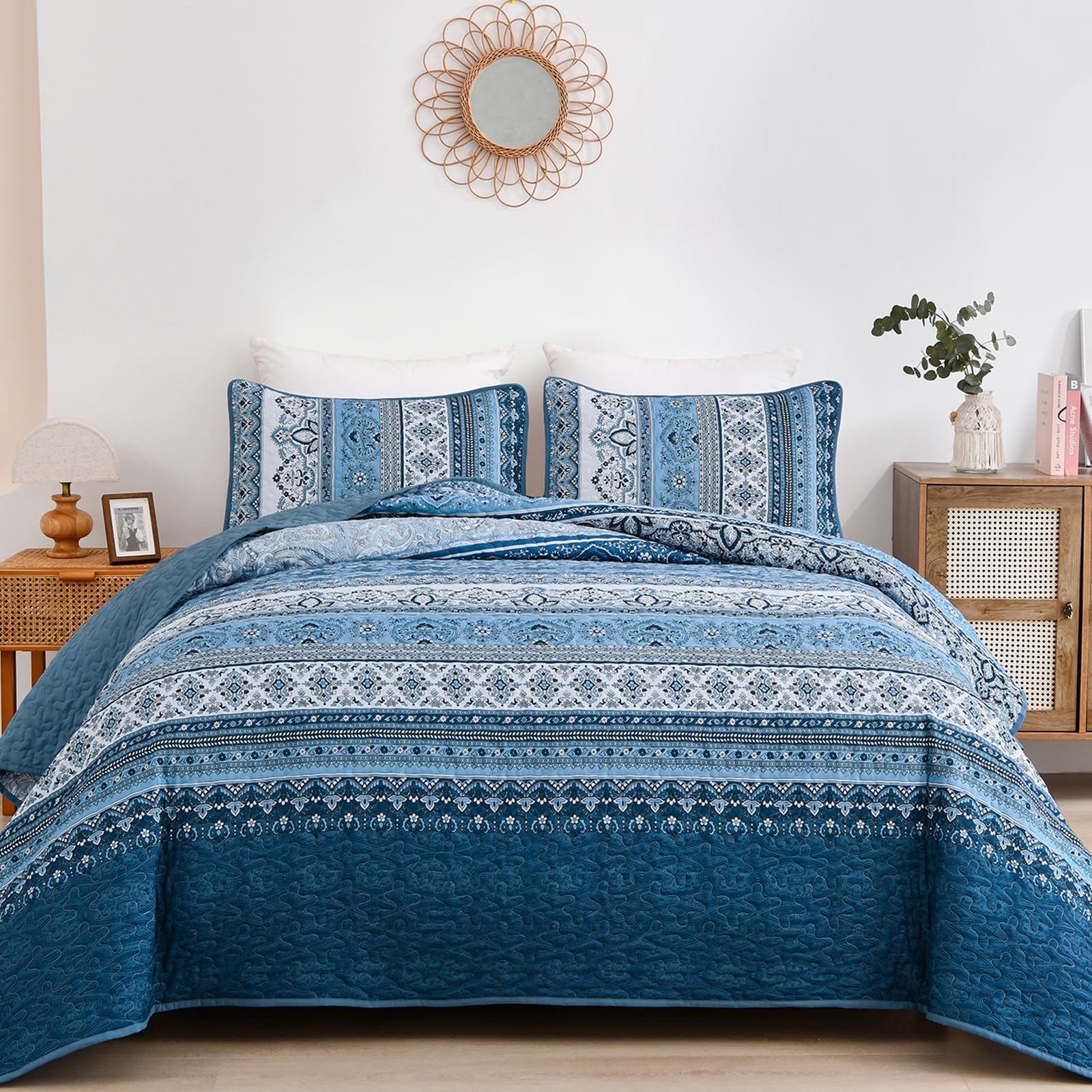 Photo 1 of WONGS BEDDING Blue Quilt Set Queen Size, Bohemian Stripe 3 Pieces Quilts Bedspread Set Boho Lightweight Microfiber All Season Bedding Coverlet Set for Queen Bed (96"x90")