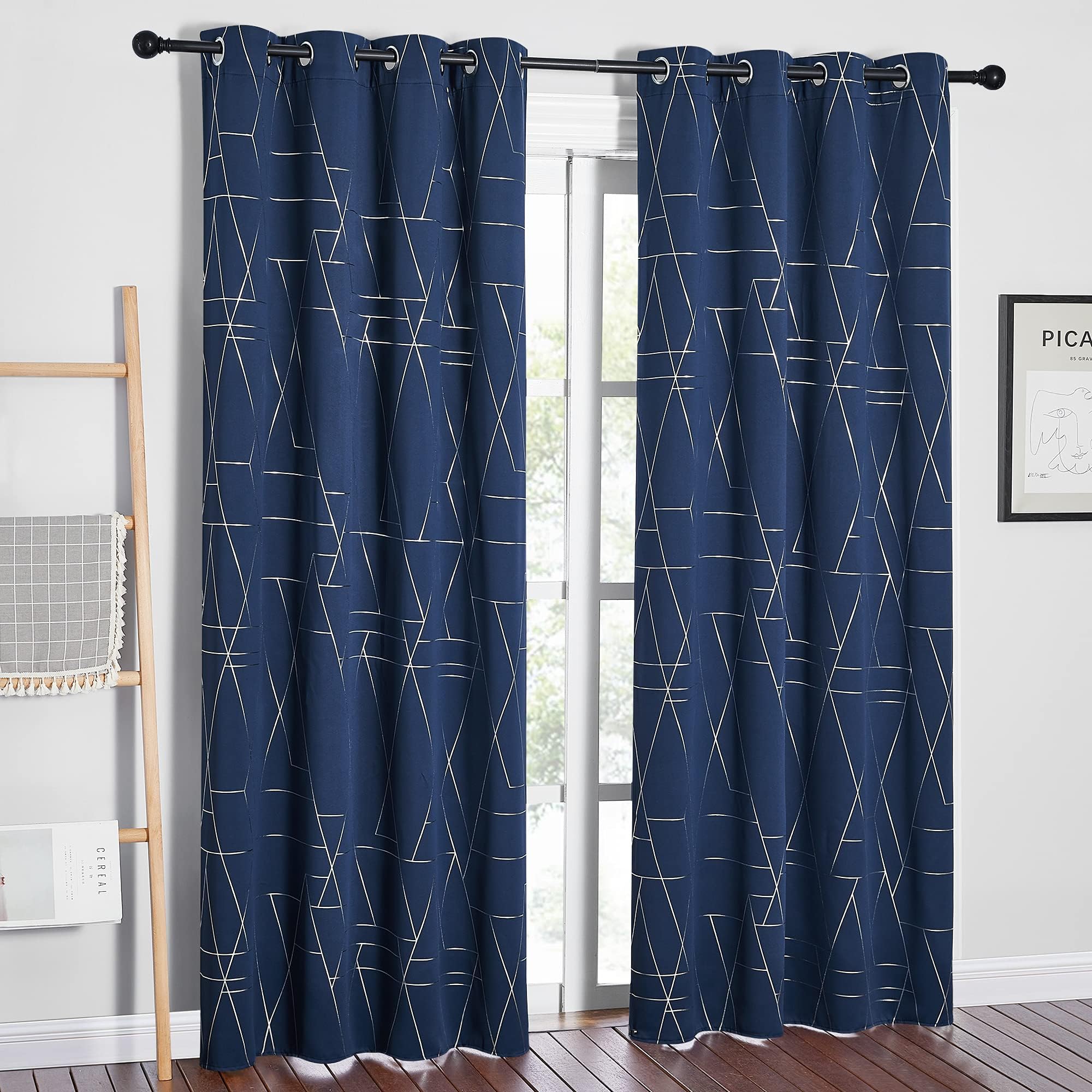 NICETOWN Blackout Curtain Panels 84 inches Long, Window Treatment Foil Printed Line Pattern Thermal Insulated Grommet Blackout Drapes for Living Room/Office/Guest Room (Navy, 1 Pair, 52 inches Wide) Image