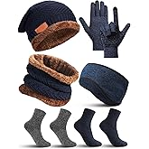 Geyoga 7 Pcs Winter Beanie Hat Scarf Gloves Ear Warmer Socks Set for Men and Women Fleece Lining Beanie Touchscreen Gloves(Elegant Color)