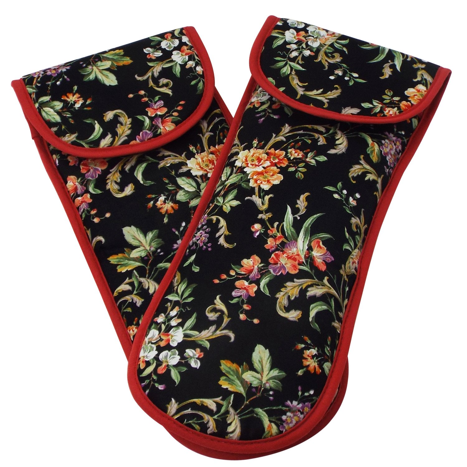 Heatresistant Flat Iron Cover Set of 2 Black with Floral Pattern and Red Trim
