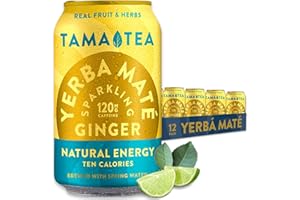 Sparkling Ginger Yerba Mate by Tama Tea - Unsweetened Natural Energy Drink with Real Fruit & Herbs - Healthy Caffeine Drink Alternative - 120mg of Brain-Boosting Caffeine, 10 Calories - 12oz Pack of 12